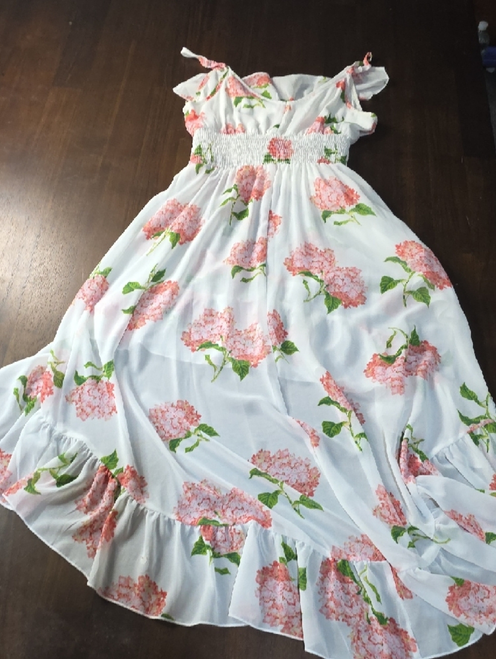 Womens White Floral Ruffled Asymmetrical Dress - Pink Hydrangea Print - Picture 4 of 4